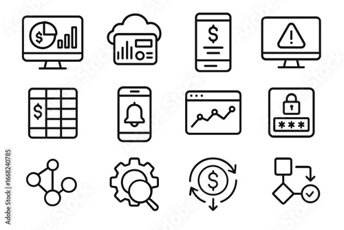 Finance Tool Icons. Outline vector icons of digital tools for finance management: budgeting software, cloud