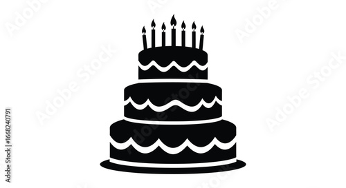 Black silhouette of a multi tiered birthday cake with candles on top