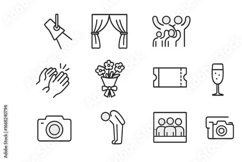 Final Performance Icons. Outline icon set of final performance night: spotlight, red curtain, standing ovation