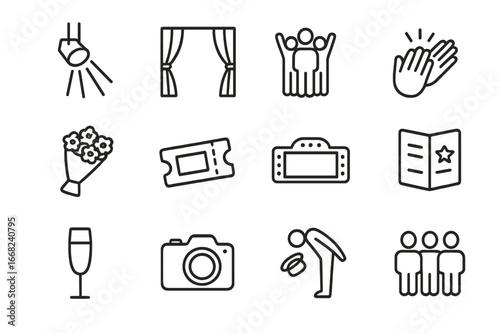 Final Performance Icons. Outline icon set of final performance night: spotlight, red curtain, standing ovation
