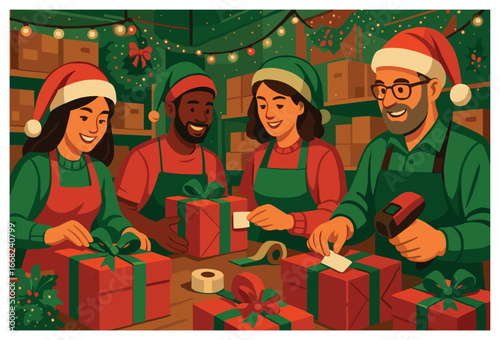 Festive teamwork vector: holiday spirit and cooperation during christmas gift wrapping