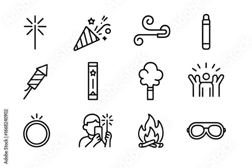 Fireworks Icon Set. Outline icon set of handheld fireworks and fun: sparkler, confetti popper, party horn,