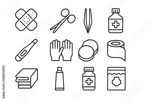First Aid Icons. Outline icon set of first aid kit pegboard: bandages, scissors, tweezers, antiseptic,