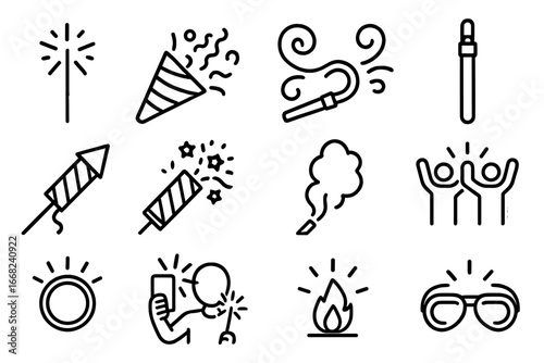 Fireworks Icon Set. Outline icon set of handheld fireworks and fun: sparkler, confetti popper, party horn,