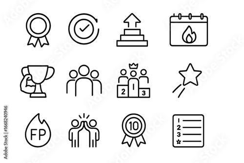 Fitness Icon Set. Outline icon set of fitness gamification: reward badge, challenge icon, level up, daily