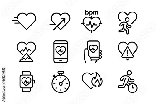 Fitness Icon Set. Outline icon set of fitness heart tracking: heart in motion, pulse arrow, bpm goal, run