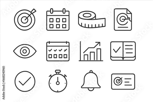 Fitness Goal Icons. Outline icon set of fitness goal setting: target board, calendar icon, measurement tape,
