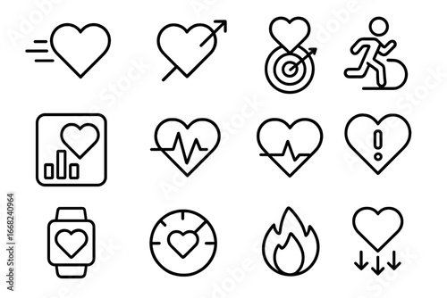 Fitness Icon Set. Outline icon set of fitness heart tracking: heart in motion, pulse arrow, bpm goal, run