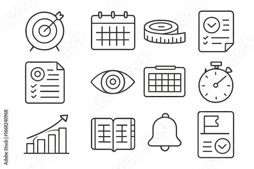 Fitness Goal Icons. Outline icon set of fitness goal setting: target board, calendar icon, measurement tape,