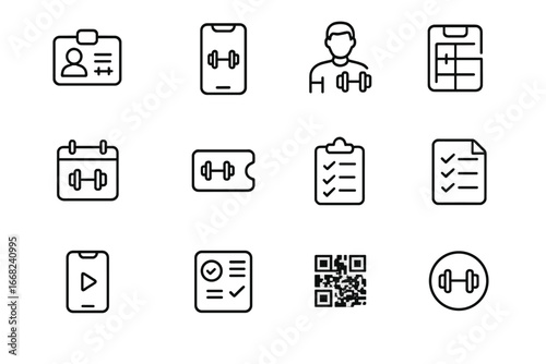 Fitness Membership Icons. Outline icon set of fitness membership services: gym ID card, workout app, personal