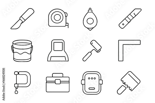 Flooring Tools Icons. Outline icon set of flooring installation tools: floor knife, measuring tool, chalk line