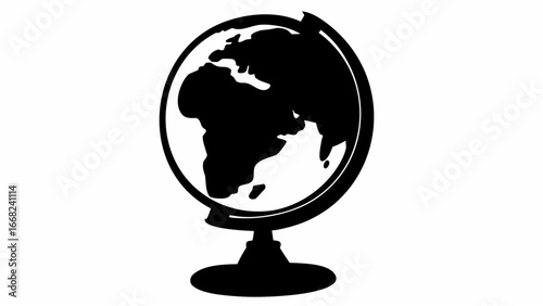 A silhouette of a world globe showing africa and europe on a stand in black and white illustration