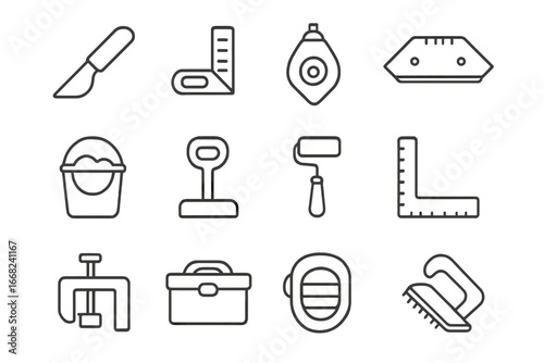 Flooring Tools Icons. Outline icon set of flooring installation tools: floor knife, measuring tool, chalk line