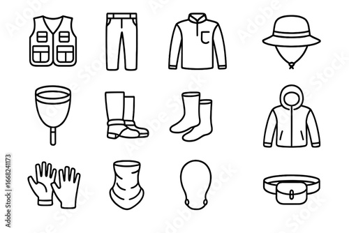Fly Fishing Gear Icons. Outline icon set of fly fishing apparel: fishing vest, quick-dry pants, breathable