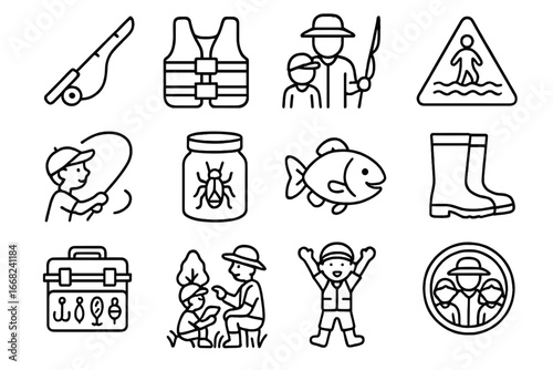 Fly Fishing Icons. Outline icon set of kids learning fly fishing: small rod, floaty vest, instructor guide,