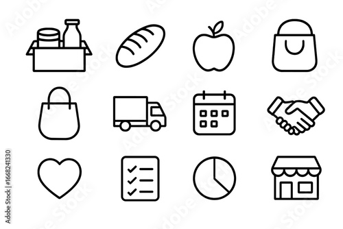 Food Donation Icons. Outline icon set of food donation programs: donation box, bread loaf, apple, canned food,