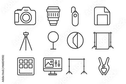 Food Photography Icons. Outline icon set of food photography tools: DSLR camera, lens, remote shutter, memory