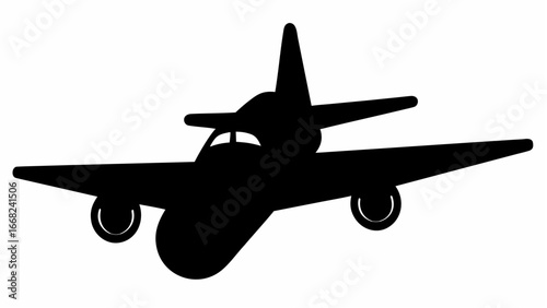 Silhouette of a cartoon airplane with wings and landing gear against a white background in simple style