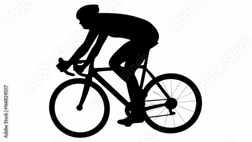 Silhouette of a cyclist riding a bicycle with a helmet and bent posture in a black and white image