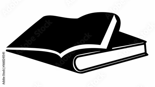 Illustration of two stacked books with the top book open showing its pages in black and white style