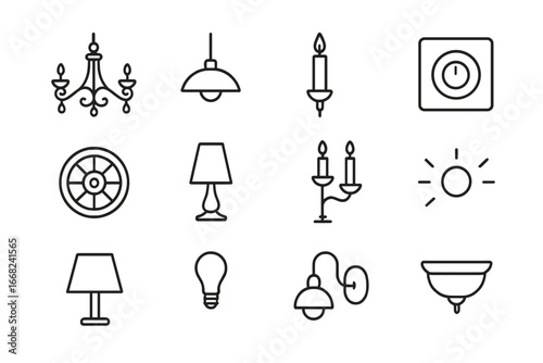 Formal Dining Light Icons. Outline icon set of formal dining room lighting: crystal chandelier, pendant light,