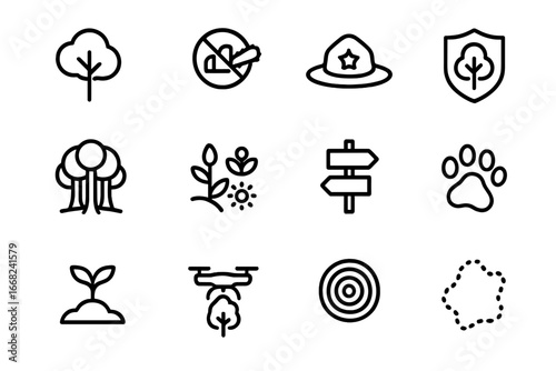 Forest Preservation Icons. Outline icon set of forest preservation: tree icon, chainsaw ban, ranger hat,