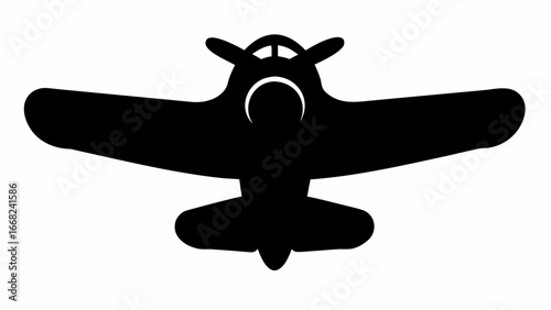 A silhouette of a vintage airplane viewed from above with wings extended and propeller visible front