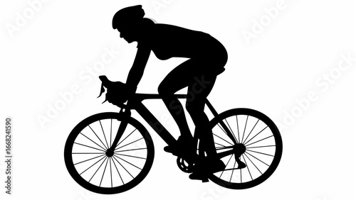 Silhouette of a cyclist riding a bicycle wearing a helmet in a full body side profile view on white background