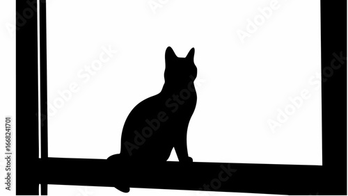 Silhouette of a cat sitting on a window sill looking out into the bright white light of the day outside