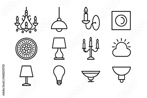 Formal Dining Light Icons. Outline icon set of formal dining room lighting: crystal chandelier, pendant light,