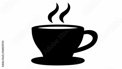 Illustration of a steaming black coffee cup with a handle and a saucer on a white background design element