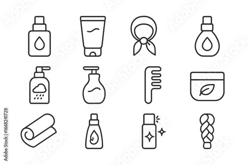 Frizz Control Icon Set. Outline icon set of frizz control: anti-frizz serum, smoothing cream, silk scarf, hair