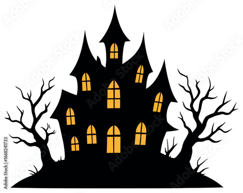 Haunted house silhouette vector for halloween: spooky, eerie, creepy, ghostly scene