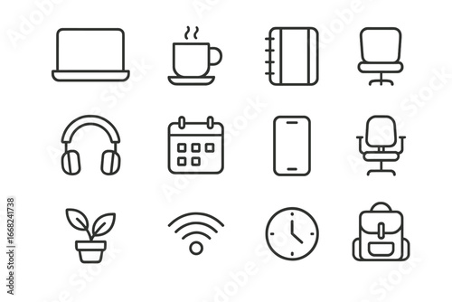 Freelance Icon Set. Outline icon set of freelance lifestyle: laptop, coffee cup, desk lamp, notebook,