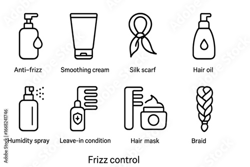 Frizz Control Icon Set. Outline icon set of frizz control: anti-frizz serum, smoothing cream, silk scarf, hair