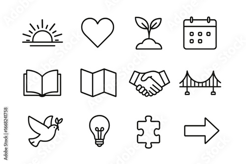 Fresh Start Icons. Outline icon set of starting fresh: sunrise, heart, seedling, calendar, open book, map,