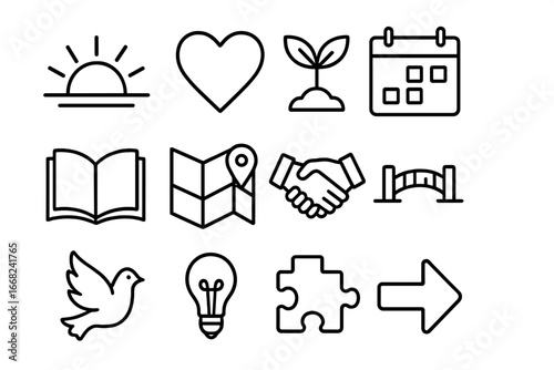 Fresh Start Icons. Outline icon set of starting fresh: sunrise, heart, seedling, calendar, open book, map,