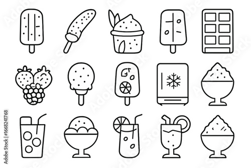 Frozen Treats Icons. Outline icon set of frozen exotic fruit treats: fruit popsicle, frozen banana, dragon