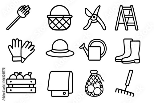 Fruit Harvesting Tools Icons. Outline icon set of fruit harvesting tools: fruit picker, basket, pruning shears