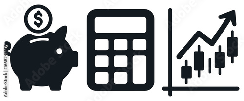 Financial icon set vector: simplified money management, budgeting, investment symbols