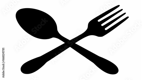 A simple graphic of a black spoon and fork crossed in an x shape on a white background illustration
