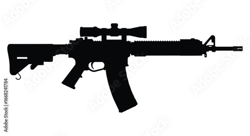 Black silhouette of a rifle with scope on white background