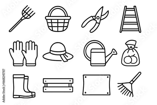 Fruit Harvesting Tools Icons. Outline icon set of fruit harvesting tools: fruit picker, basket, pruning shears