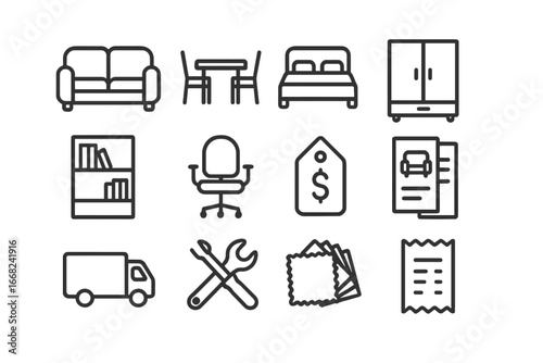 Furniture Shopping Icons. Outline icon set of discussing furniture purchases: sofa, dining table, bed,