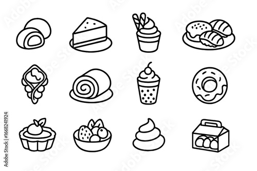 Fusion Dessert Icons. Outline icon set of fusion dessert creations: mochi ice cream, matcha cheesecake, churro