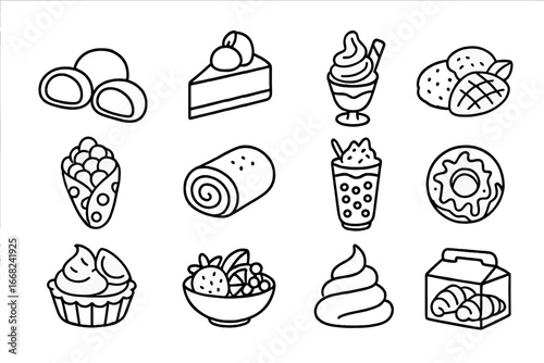 Fusion Dessert Icons. Outline icon set of fusion dessert creations: mochi ice cream, matcha cheesecake, churro