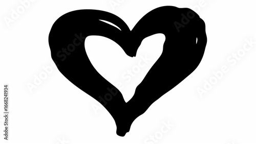 Black heart shape with rough edges and a white interior space on a plain white background drawing style