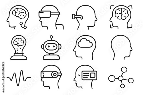 Futuristic Human-AI Icons. Outline icon set of future human-AI interface: brain-machine link, AR headset,