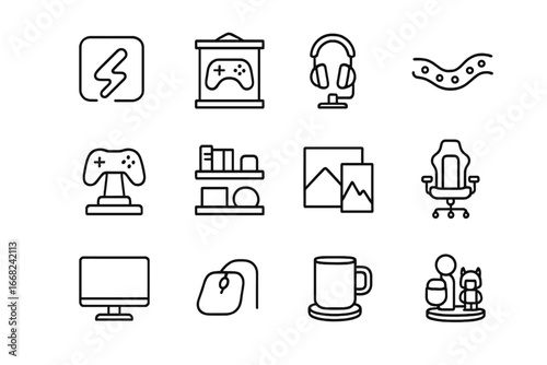 Gaming Room Icon Set. Outline icon set of gaming room decor: neon sign, gaming poster, headset stand, LED