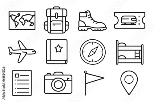 Gap Year Icons. Outline icon set of gap year travel planning: world map, travel backpack, hiking boots, train